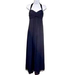 Y2K Navy Silk Chiffon Halter Gown Sz 4 Empire Waist Maxi Prom Formal Evening